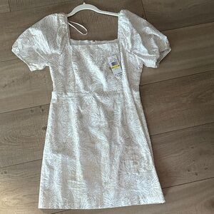 Michael Kors White and Gold Puff Sleeve Square Neck Mini Dress NWT Size medium